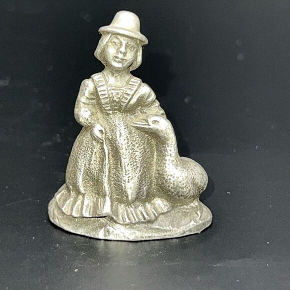 Vintage Mini Pewter? Metal Lady With Duck Silver Tone Collectable Dollhouse - Picture 1 of 7